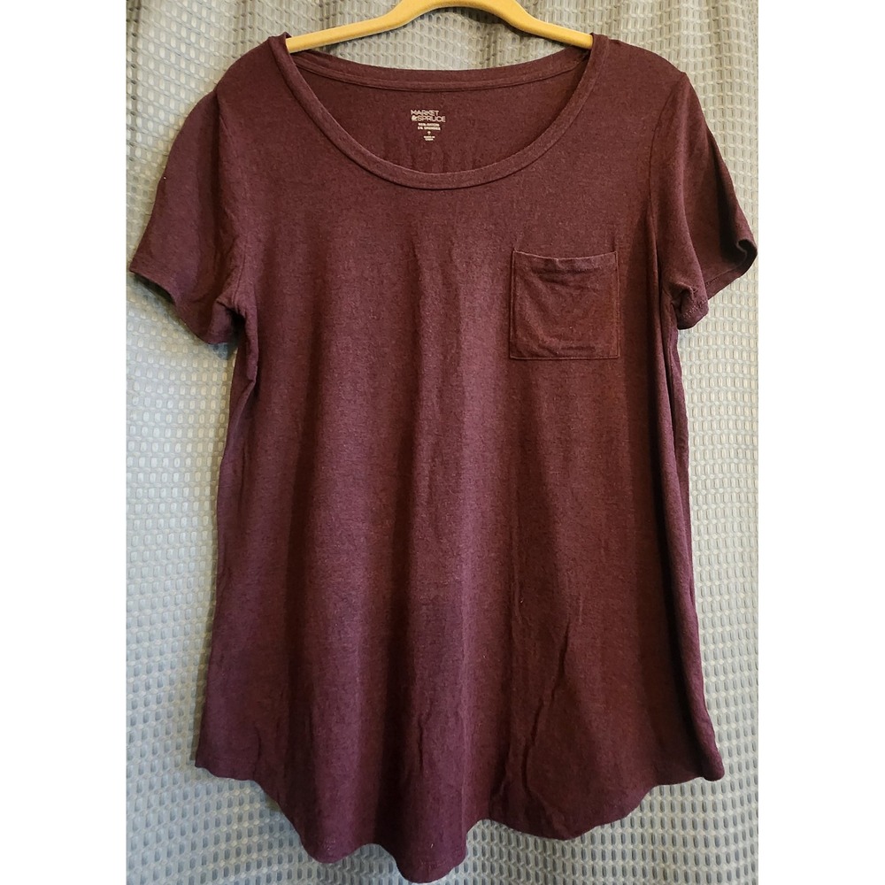 Market & Spruce Womens Burgundy Short Sleeve Pocket Tee Scoop Neck Curved Hem M